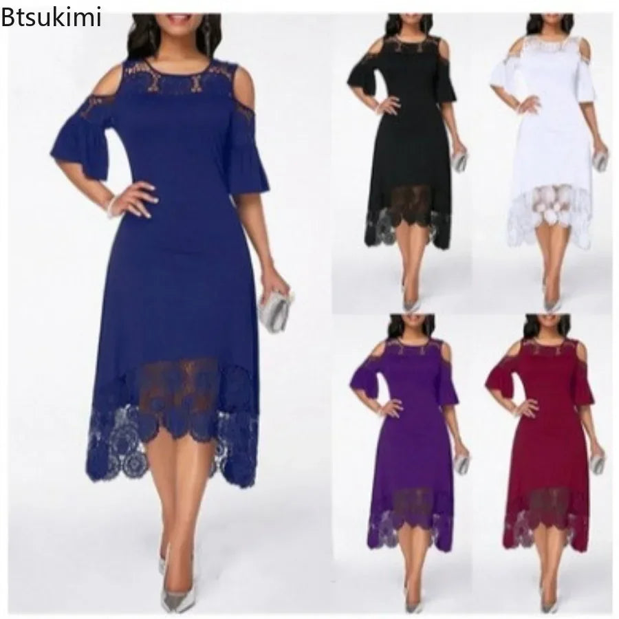 2025 Women's Lace Stitching Ruffle Short-Sleeved Strapless Dress Elegant Ladies' Summer Evening Club Party Dresses Woman Vestido